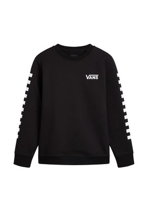 Sweatshirt noir en mélange de coton, avec un col rond, des manches longues à motif damier blanc, et un logo "VANS" blanc sur la poitrine.