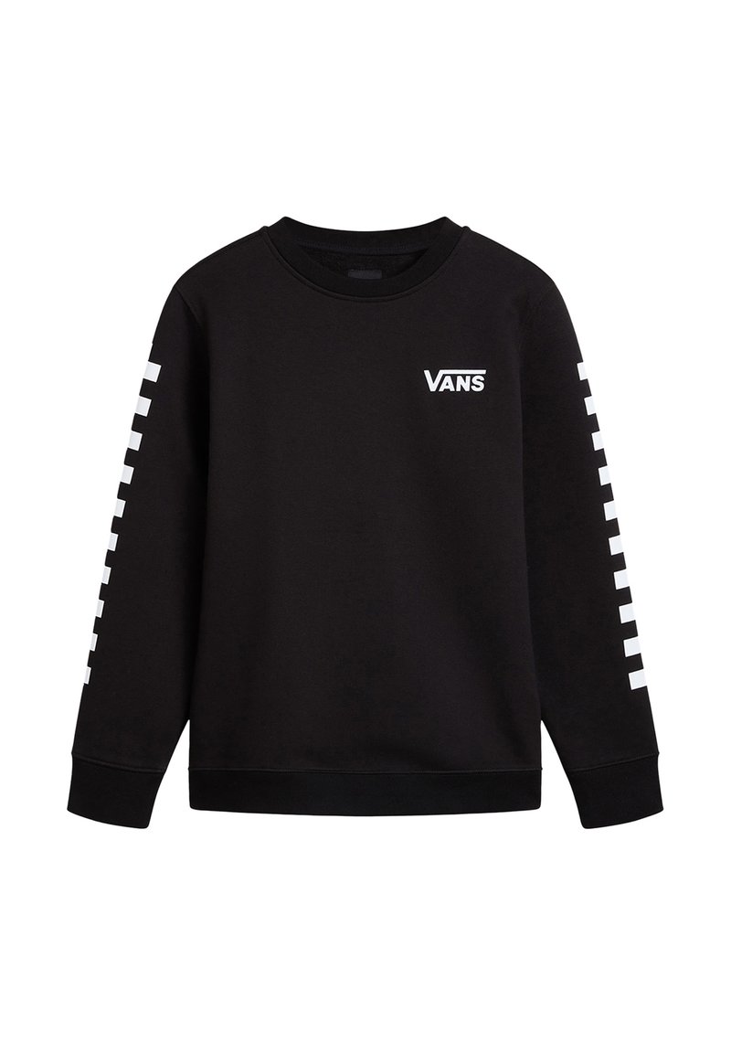 Zwarte sweatshirt gemaakt van een katoenmix, met een ronde halslijn, lange mouwen met een wit geblokt patroon en een wit "VANS" logo op de borst.