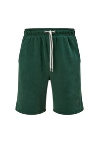 Shorts de sport en coton vert avec une ceinture élastique, un cordon de serrage, des poches latérales et un patch logo texturé sur la jambe gauche.