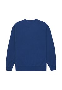 Blue crewneck sweatshirt, long sleeves, cotton blend material, plain design, ribbed cuffs and hem, smooth texture, no embellishments.