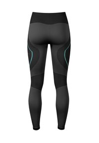 Schwarze Sportleggings mit hohem Bund, die strukturierte Einsätze und türkisfarbene Akzentlinien entlang der Seiten aufweisen.