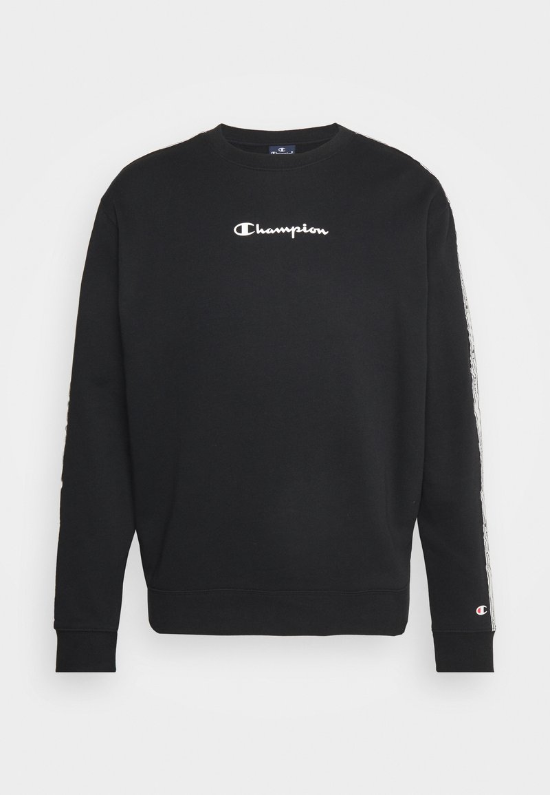Sudadera negra hecha de una mezcla de algodón. Cuenta con cuello redondo, puños acanalados y un logo blanco de "Champion" en el pecho y las mangas con acentos de patrón.