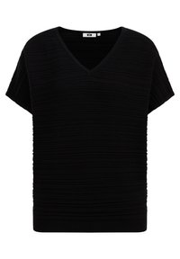 Černý vršek s výstřihem do V a krátkými rukávy, s texturovaným, žebrovaným designem a volným střihem, vyrobený z měkké, pružné tkaniny.
