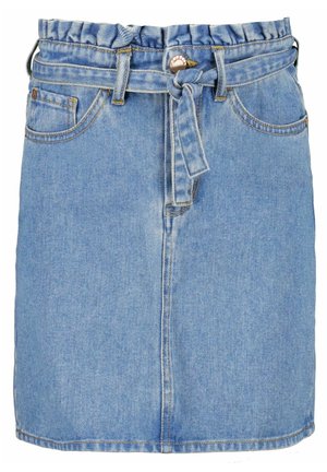 Blauer Jeansrock mit gerafftem Bund, Vorderknöpfen, Gürtelschlaufen, gebundenem Gürtel aus dem gleichen Stoff und Vordertaschen.
