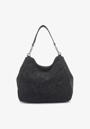 Black faux leather hobo bag with a slouchy design. Features a single shoulder strap and metallic chain accents on either side.