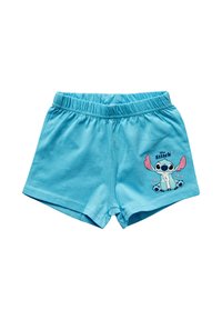 Lichtblauwe kinder shorts met elastische tailleband, met een afbeelding van Disney's Stitch en kleine roze hartjes op het rechterbeen.