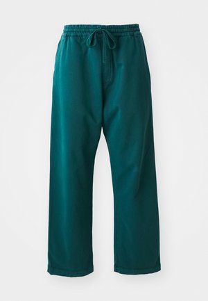Pantaloni larghi color turchese realizzati in tessuto morbido, dotati di una vita elastica con cordino per una vestibilità regolabile e una superficie liscia.