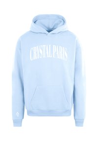 Felpa con cappuccio azzurro chiaro, dotata di tasca frontale, testo bianco "CRYSTAL PARIS" e un dettaglio logo sulla manica sinistra. Finissaggio in tessuto morbido.