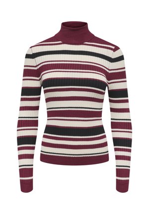 Femme portant une veste en cuir noire sur un pull à col roulé rayé bordeaux et blanc, un pantalon noir et des bottines noires à talons, debout devant un fond gris.
