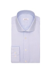 Gestreepte overhemden in lichtblauw en wit. Kenmerkt zich door een klassieke kraag, knoopsluiting aan de voorkant en enkele manchet met een ronde rand.