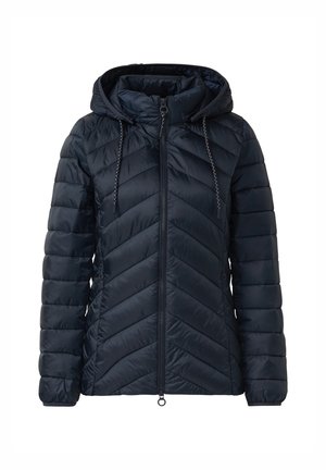 Kurtka puchowa w kolorze granatowym, z kapturem, pikowaniem w jodełkę, zamkiem błyskawicznym z przodu oraz regulacją kaptura za pomocą sznurka dla lepszego dopasowania.