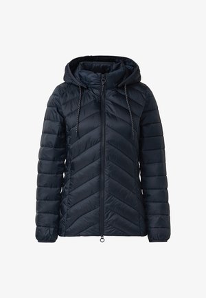 Steppjacke in Marineblau mit Kapuze, Chevron-Steppung, Frontreißverschluss und Kordelzugverstellung an der Kapuze für eine eng anliegende Passform.