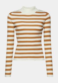 Pull en tricot côtelé à manches longues avec des rayures horizontales blanches et marron et un col rond haut.