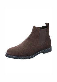Stivale Chelsea in suede marrone con pannelli elastici sui lati, punta arrotondata e suola in gomma testurizzata. Presenta un accento blu cucito lungo la suola.