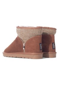 Stivaletti in suede marrone con parte superiore in maglia, cerniera laterale e suola in gomma beige. Interno foderato con morbido materiale bianco.