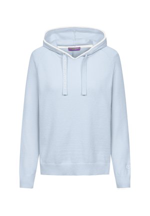 Lichtblauwe gebreide hoodie met trekkoorden, geribbelde manchetten en zoom, en een klein hartdetail bij de linkervoet.