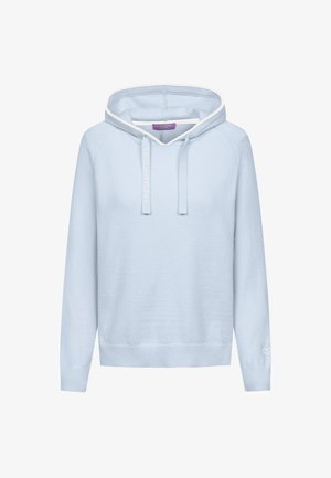 Lichtblauwe gebreide hoodie met trekkoorden, geribbelde manchetten en zoom, en een klein hartdetail bij de linkervoet.