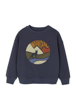 Marineblaue Sweatshirt mit runder, geprägter Berggrafik in Grün, Orange und Blau. Mit gerippten Bündchen und Halsauschnitt, lockerer Passform.