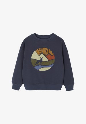 Marineblaue Sweatshirt mit runder, geprägter Berggrafik in Grün, Orange und Blau. Mit gerippten Bündchen und Halsauschnitt, lockerer Passform.