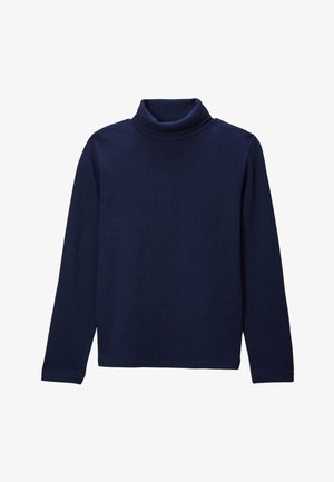 Pull à col montant bleu marine en tissu doux, avec des manches longues et un design à col haut, texture lisse sans motifs.