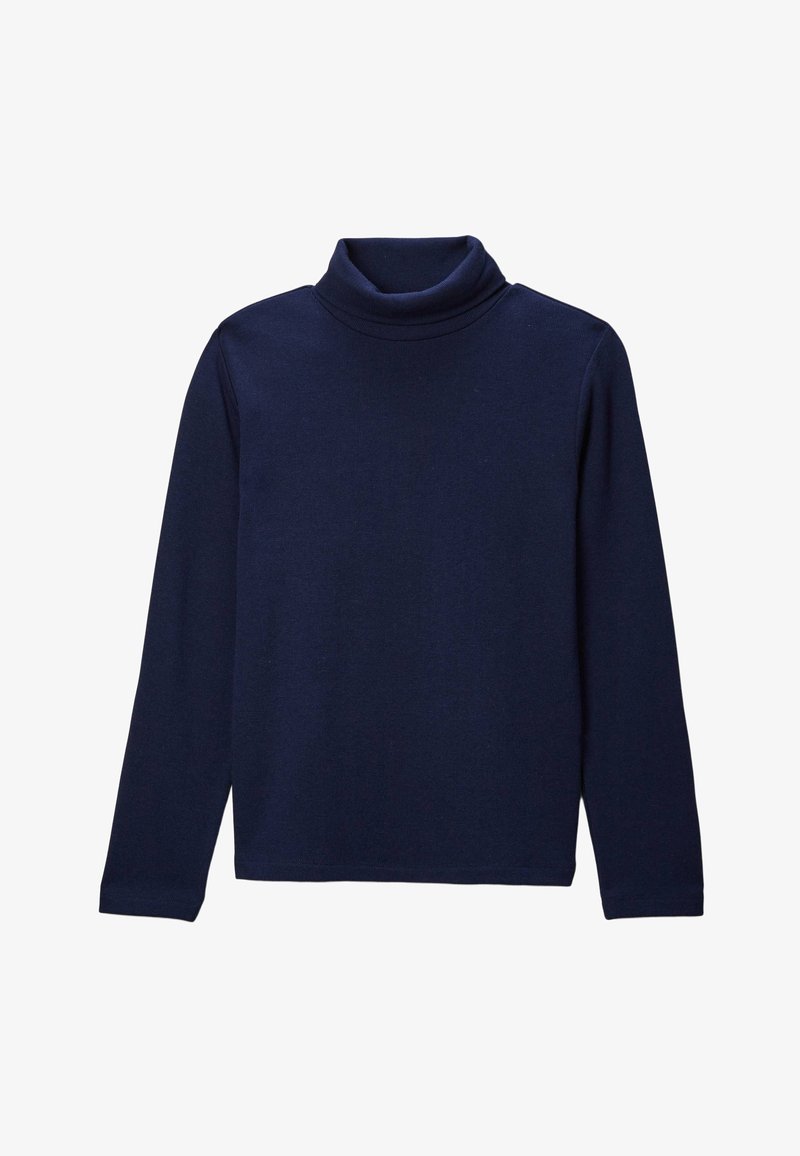 Pull à col montant bleu marine en tissu doux, avec des manches longues et un design à col haut, texture lisse sans motifs.