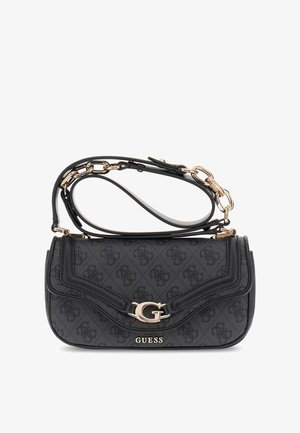 Czarna torebka wykonana z teksturowanego materiału syntetycznego z logo G w złotym odcieniu, łańcuszkowym paskiem i tłoczonymi wzorami, o wyrafinowanej sylwetce.