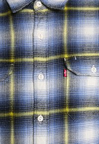 Chemise en flanelle à carreaux bleu et noir avec des accents jaunes, dotée d'un col boutonné, de deux poches poitrine et de fermetures à boutons blancs.