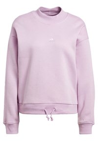 Sweat violet lavande à manches longues avec col montant, petit logo Adidas au centre de la poitrine, poignets côtelés et ourlet réglable avec cordon de serrage.