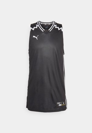 Canotta sportiva nera senza maniche con scollatura a V, bordi bianchi e strisce laterali. Realizzata in tessuto liscio con una patch del logo sull'orlo.