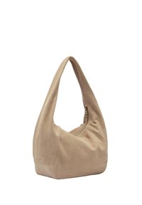 Sac hobo en daim beige doux avec une forme décontractée, une hanse courbée et une fermeture éclair. Texture lisse et design minimaliste.