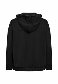Sudadera negra con capucha, con capucha fruncida, dobladillo elástico y textura suave. Presenta un diseño sencillo y sin logotipos visibles.