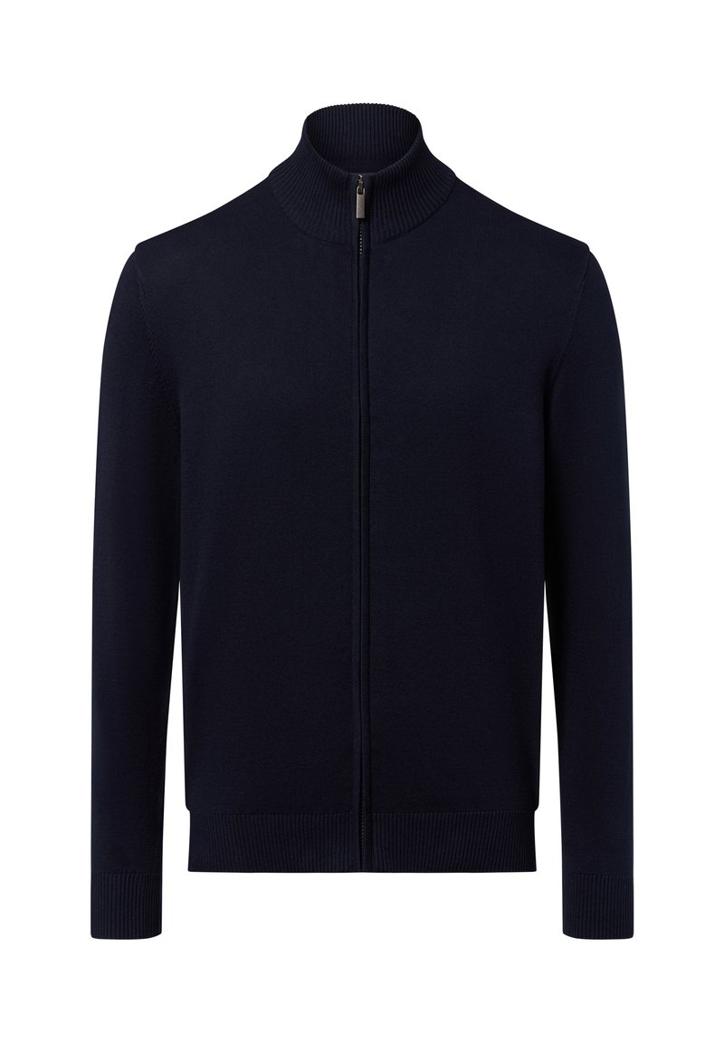 Granatowy sweter zapinany na zamek z wysokim prążkowanym kołnierzem, długimi rękawami oraz prążkowanymi mankietami i dolnym brzegiem. Wykonany z gładkiej, dzianinowej tkaniny.