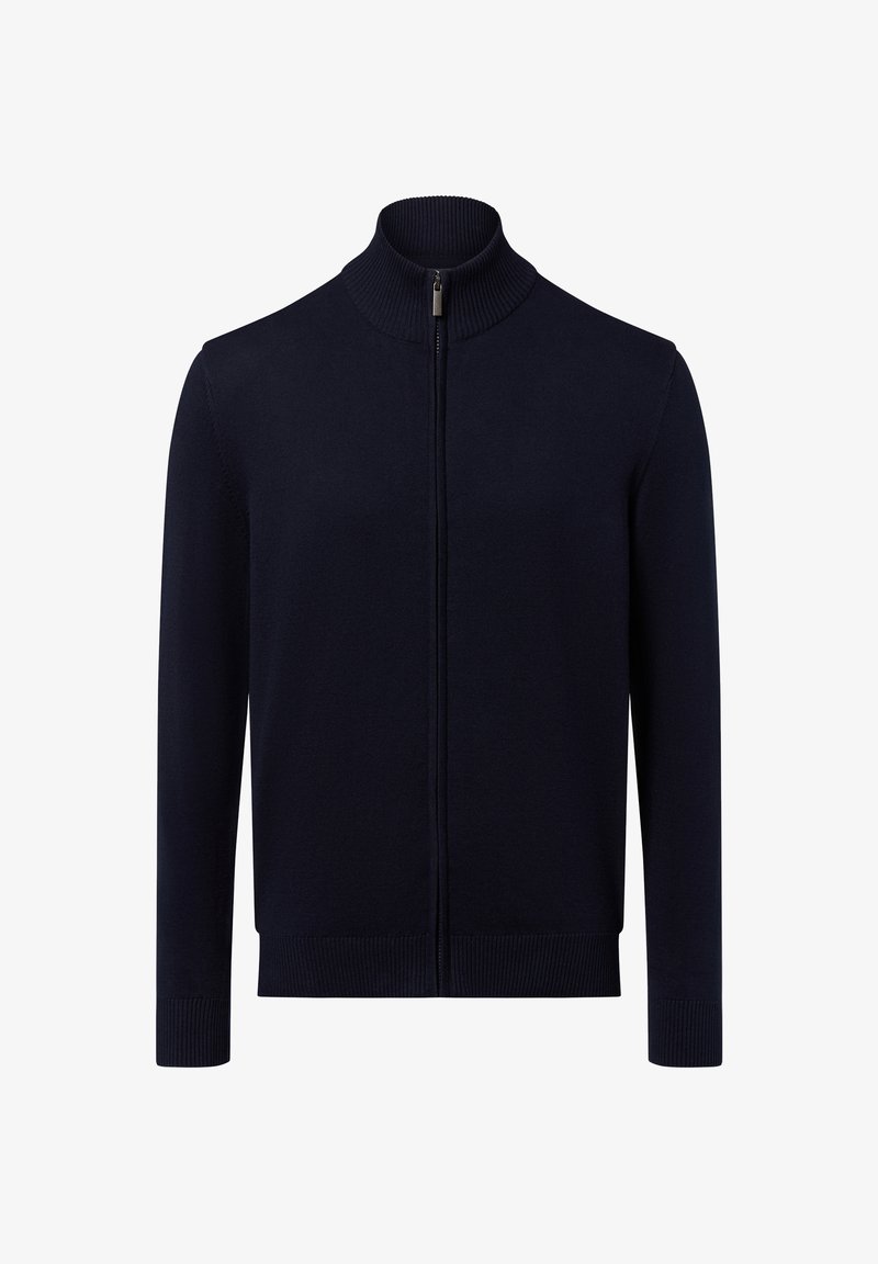 Granatowy sweter zapinany na zamek z wysokim prążkowanym kołnierzem, długimi rękawami oraz prążkowanymi mankietami i dolnym brzegiem. Wykonany z gładkiej, dzianinowej tkaniny.