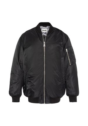 Schwarze Bomberjacke aus glänzendem Nylon. Verfügt über einen Frontreißverschluss, gerippte Bündchen, seitliche Taschen und eine zusätzliche mit Reißverschluss versehene Tasche am Arm.