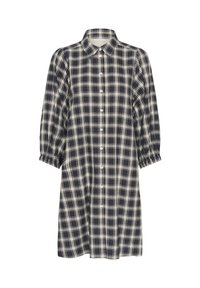 Kockás ruha sötétkék és krémszínű kockás mintával. Pamutból készült, galléros nyakkal, gombos elülső résszel és 3/4-es puffos ujjal.