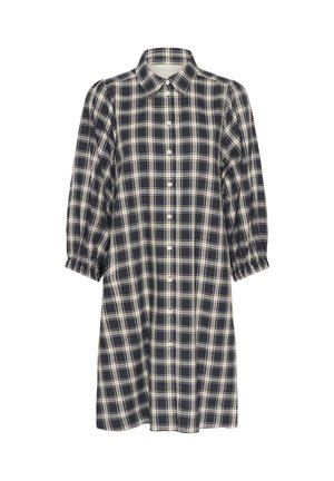 Vestido a cuadros con un patrón de tartán en azul marino y crema. Hecho de algodón, con cuello tipo polo, cierre de botones en el frente y mangas abullonadas de 3/4.