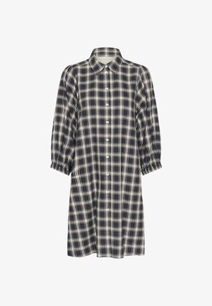 Robe à carreaux avec un motif plaid bleu marine et crème. Fabriquée en coton, elle possède un col, une fermeture à boutons sur le devant et des manches bouffantes 3/4.