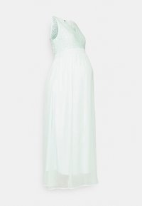 Vestido de maternidade verde menta claro com corpete rendado, design sem mangas, saia fluida e tecido texturizado. Comprimento maxi com cintura ajustada.