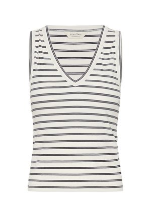 Ujjatlan fehér kötött top fekete vízszintes csíkokkal és V-nyakú gallérral.