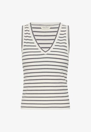 Ujjatlan fehér kötött top fekete vízszintes csíkokkal és V-nyakú gallérral.