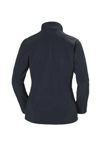 Damska kurtka w ciemnym granatowym kolorze z długimi rękawami i wysokim kołnierzem, widziana od tyłu na białym tle.