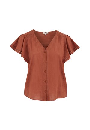 Roestkleurige blouse met korte mouwen, V-hals, knopen aan de voorkant, waaiermouwen en subtiele verticale structuur.