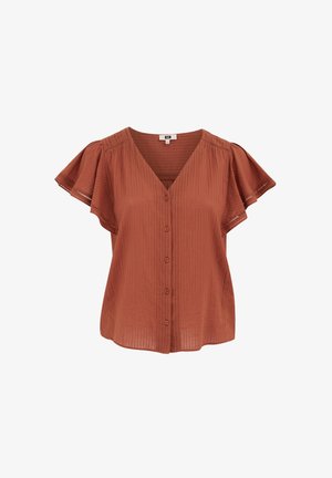Roestkleurige blouse met korte mouwen, V-hals, knopen aan de voorkant, waaiermouwen en subtiele verticale structuur.