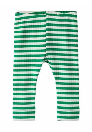 Zeleno-biele pásikavé legíny z rebrovaného materiálu s elastickým pásom a zúženými nohavicami so zakončenými lemami.
