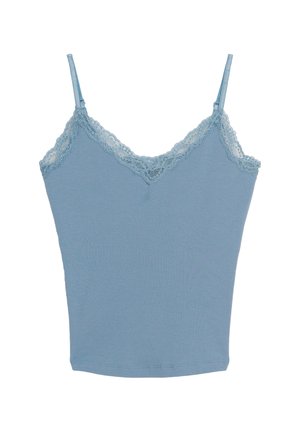 Light blue ribbed tank top with lace trim along the neckline and adjustable spaghetti straps. Soft, stretchy fabric.