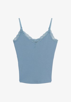 Light blue ribbed tank top with lace trim along the neckline and adjustable spaghetti straps. Soft, stretchy fabric.