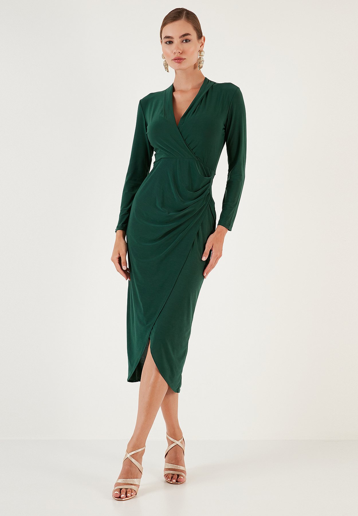 slim fit dress slacks Emerald Green Chiffon Short Sleeve V-Neck Wrap Pleated Bridesmaid Dress Emerald Green / XL / N14 main image 1