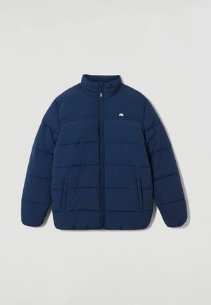 Navy blue puffer jacket with a high collar, front zipper, and horizontal quilted design. Features side pockets and a small logo on the chest.