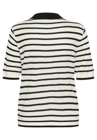 Knit sweater featuring horizontal black and white stripes, short sleeves, a ribbed collar, and textured fabric. No embellishments or accents.