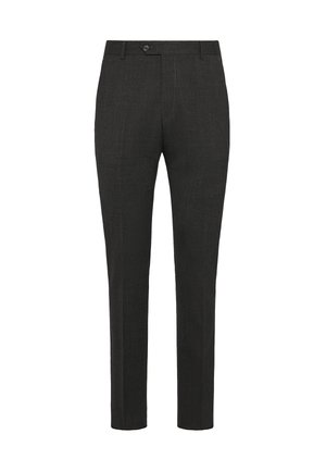Pantalones oscuros grises a medida, hechos de una tela texturizada. Cuentan con un cierre de botón y un diseño ajustado con piernas rectas.